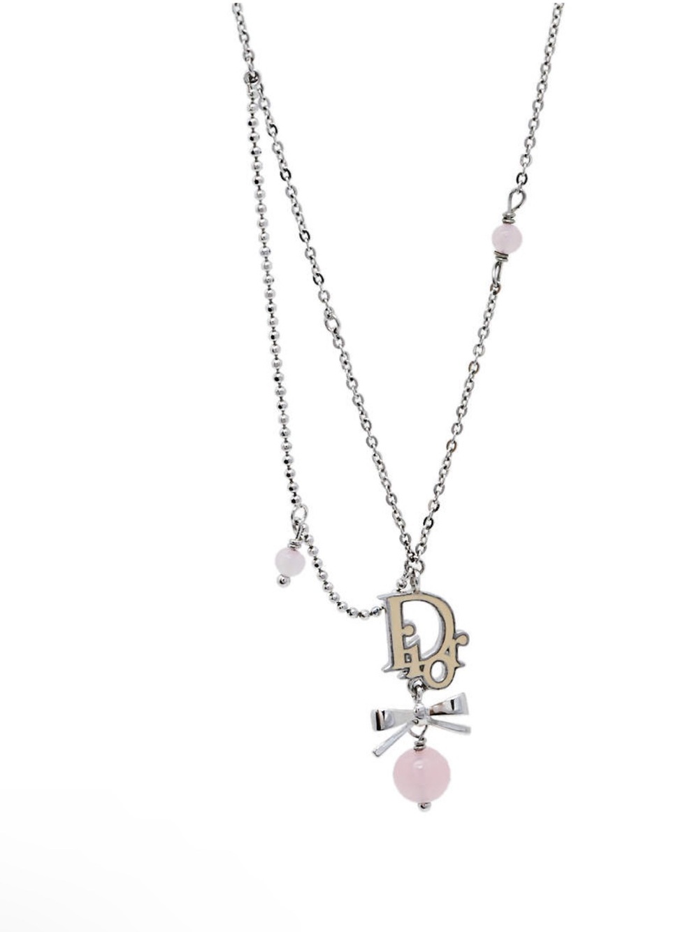 Christian Dior Logo Charm Bow Pink Bead Layered Necklace Silver Tone - Picture 3 of 8